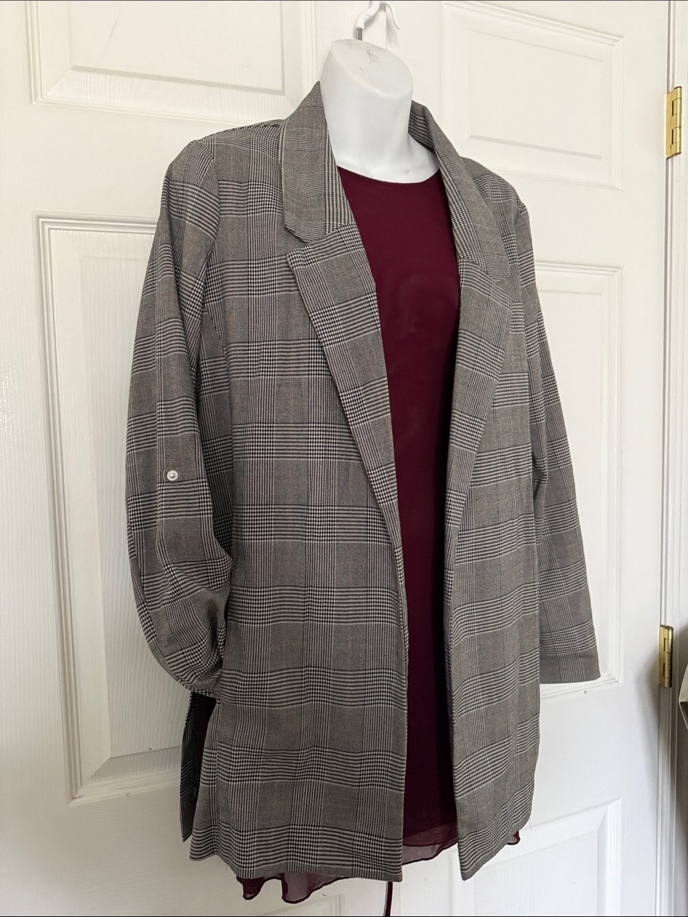 stradivarius Gray Plaid Open-Front Blazer
